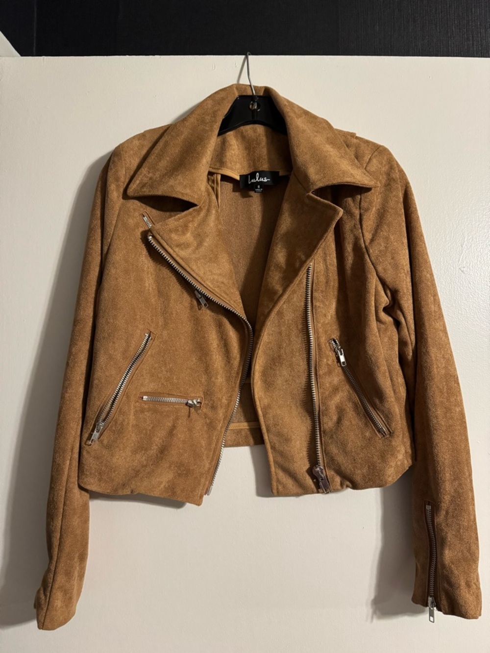 Lulu's Tan Faux Suede Moto Jacket with Silver Zippers
